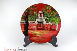 Red round lacquer dish hand-painted with The Temple of Literature included with stand 30 cm